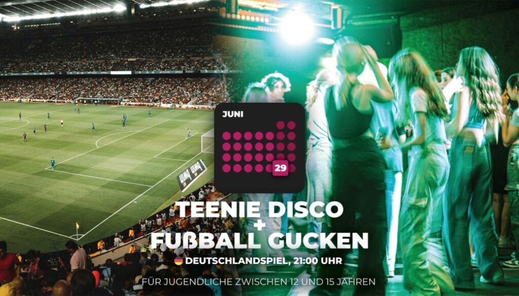 Blick in ein Stadion und Teeniedisco mit Text