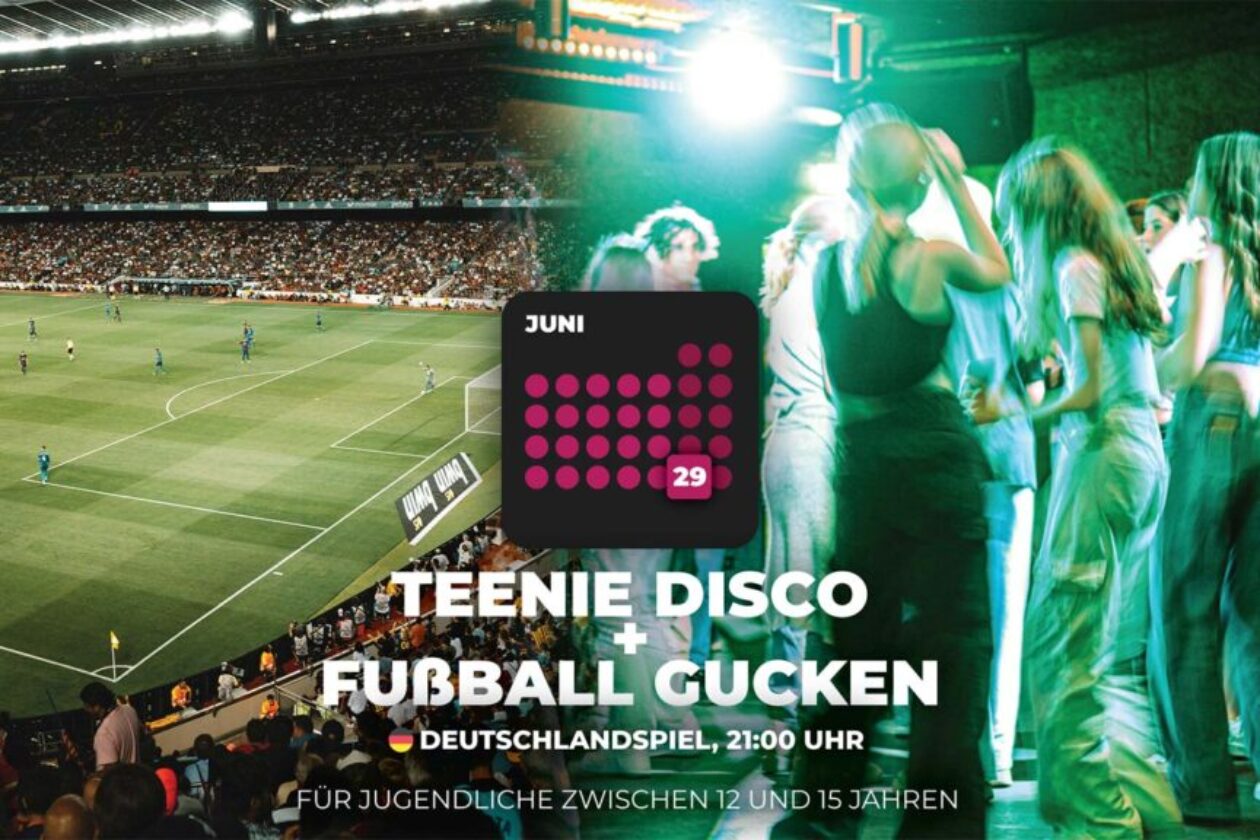 Blick in ein Stadion und Teeniedisco mit Text